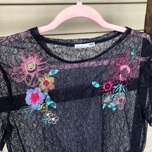NWOT Sheer Floral Mesh Lace Zara Blouse with Floral Embroidery - Picture 5 of 10